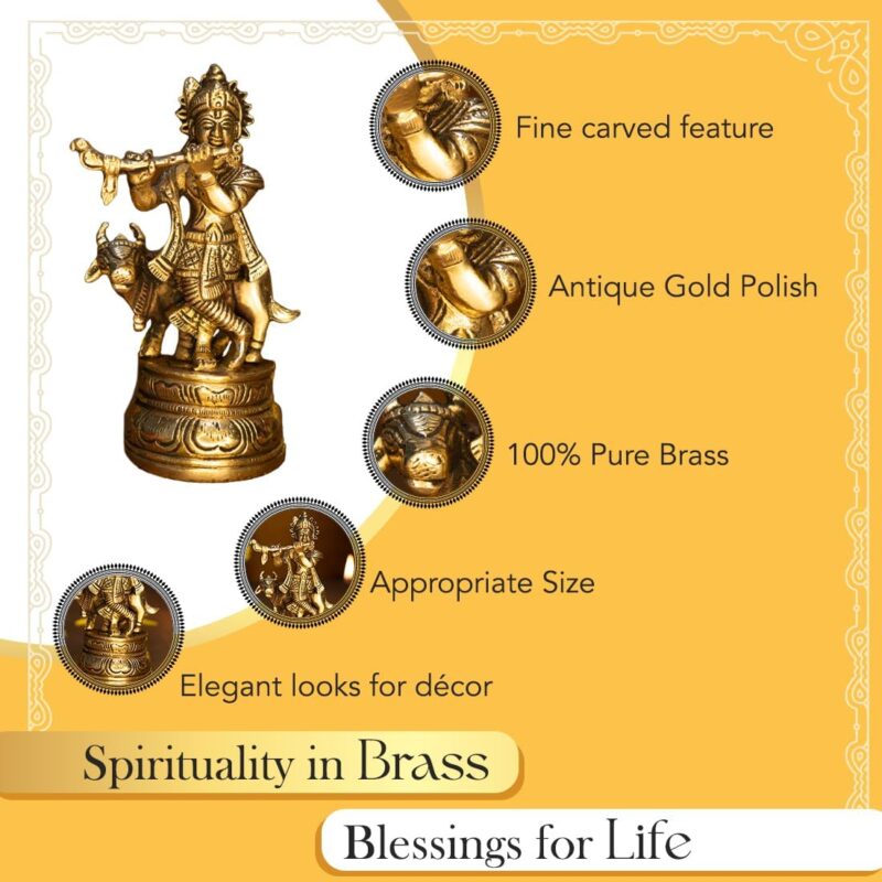 Ekhasa 100% Pure Brass Lord Krishna Idol with Flute (Size: 5") | Shree Lord Krishna Statue for Home Decoration - Image 7